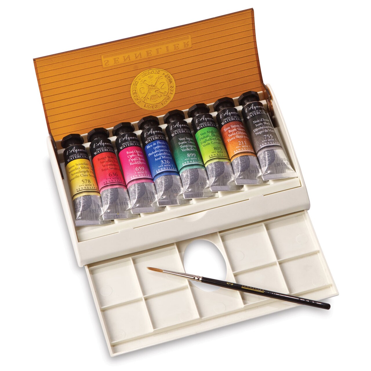 Sennelier French Artists' Watercolor Set - Set of 8, Travel Set with Size 0 Brush, Assorted, 10 ml